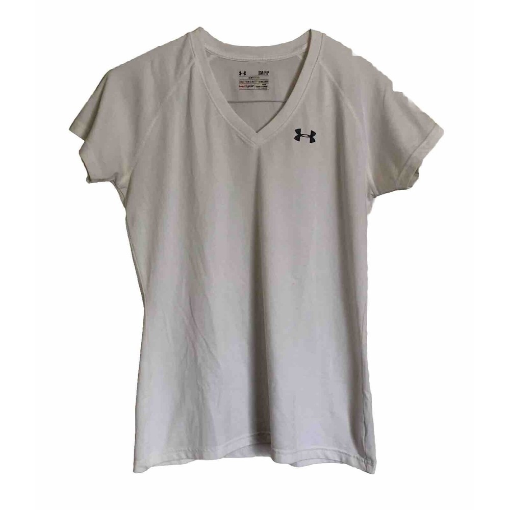 Under Armour Womens Size SM/P/P White Heat Gear Semi Fitted  T-Shirt V Neck
